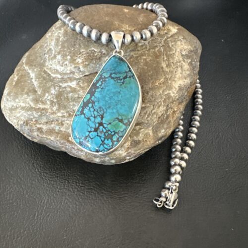 Men's Navajo Blue Spiderweb Turquoise Pendant Necklace | Sterling Silver | Authentic Native American Handmade | 16219