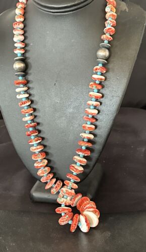 Navajo Blue Turquoise & Spiny Oyster Necklace | Sterling Silver | Authentic Native American | 22" | 17420