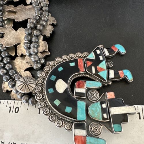 XXL Turquoise Onyx Kokopelli Inlay Squash Blossom Necklace | Sterling Silver | 16177