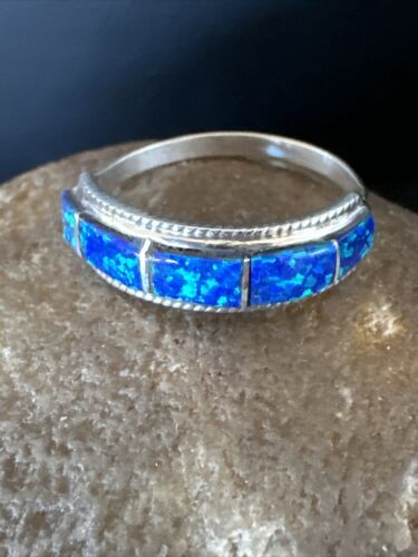 Navajo Blue Opal Inlay Ring | Sterling Silver | Sz 7.5 | Authentic Native American Handmade | 16433