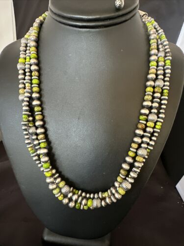 Navajo Pearls Green Turquoise Necklace | Sterling Silver | 3 Strand | 16403