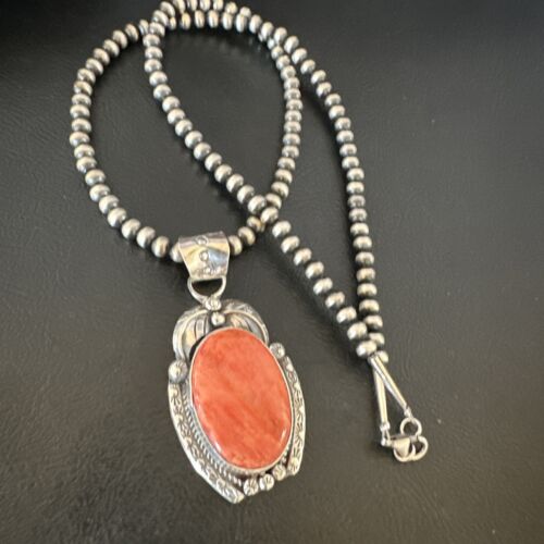 Navajo Red Spiny Oyster Pendant Necklace | Sterling Silver | Authentic Native American Handmade | 15632