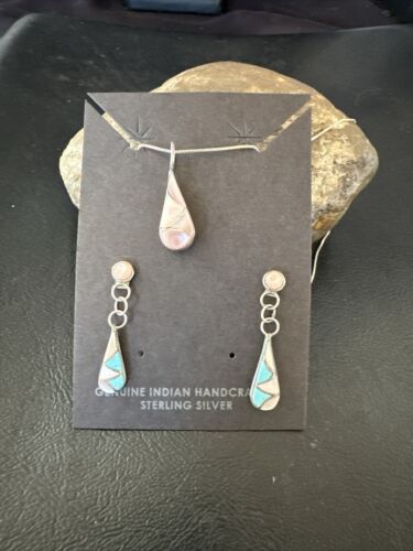 Zuni Turquoise & Pink Mother of Pearl Inlay Pendant Necklace & Earrings Set | Double Sided | Sterling Silver | Native American Handmade | 17493
