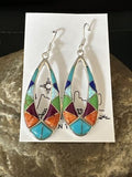 Southwestern Sterling Silver Multi-Color Turquoise Lapis Inlay Earrings | Authentic Native American Handmade | 14938