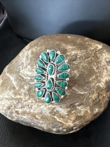 Navajo Green Malachite Cluster Ring | Authentic Native American Sterling Silver | Multi-Stone | Sz 7.5 | 14912