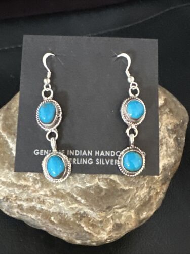 Kingman Turquoise Dangle Earrings | Navajo Sterling Silver | Authentic Native American Handmade | 14869
