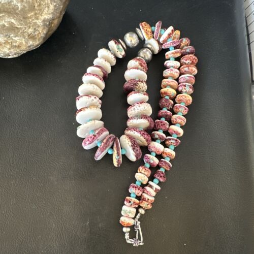 Purple Spiny Oyster & Turquoise Necklace | Navajo Sterling Silver | Authentic Native American | 25" | 15023