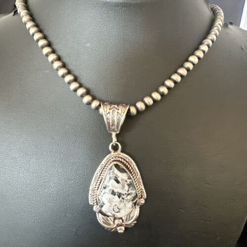 Navajo White Buffalo Turquoise Pendant Necklace | Sterling Silver | Authentic Native American Handmade | 17522