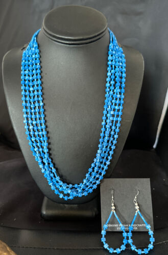 Navajo Blue Denim Lapis Necklace Earrings Set | 5-Strand Sterling Silver | Authentic Native American Handmade | 15772