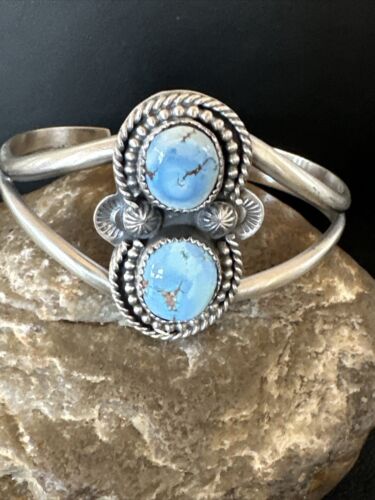 Navajo Blue Golden Hills Turquoise Cuff Bracelet | Sterling Silver | Authentic Native American Handmade | 16428