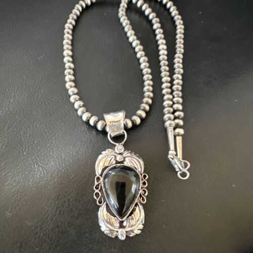 Native American Men's Pendant | Navajo Pearls | Sterling Silver Black Onyx Necklace | 16129