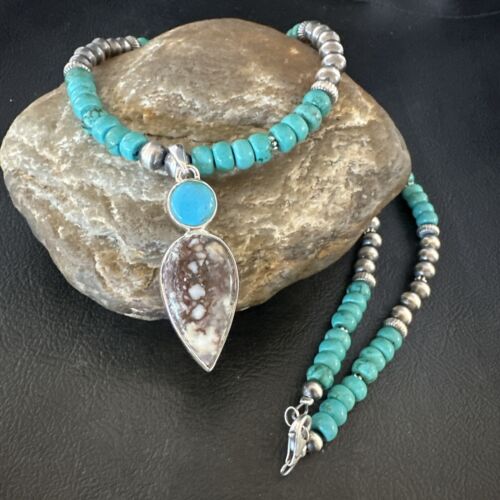 Navajo Wild Horse | Blue Kingman Turquoise Pendant Necklace | Sterling Silver | Native American Handmade | 17573