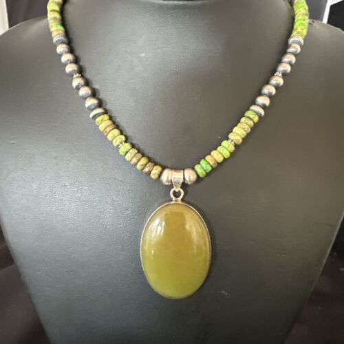 Navajo Green Turquoise Pendant Necklace | Sterling Silver | Authentic Native American Handmade | 16918
