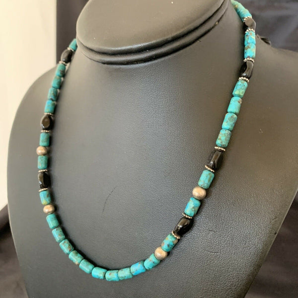 Authentic Tommy Singer Beads Necklace | Turquoise & Onyx | Sterling Silver | Gold | Native American Handmade | 17" | 10390