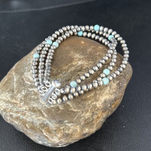 Navajo Pearls Sterling Silver Blue Turquoise 3-Strand Bracelet | 8.5" | Authentic Native American Handmade | 13576