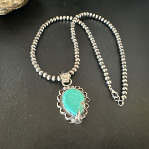 Navajo Blue Turquoise Pendant Necklace | Sterling Silver Pearls | Authentic Native American Handmade | 15656