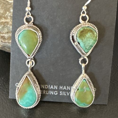 Navajo Green Royston Turquoise Dangle Earrings | Sterling Silver | Authentic Native American Handmade | 16491
