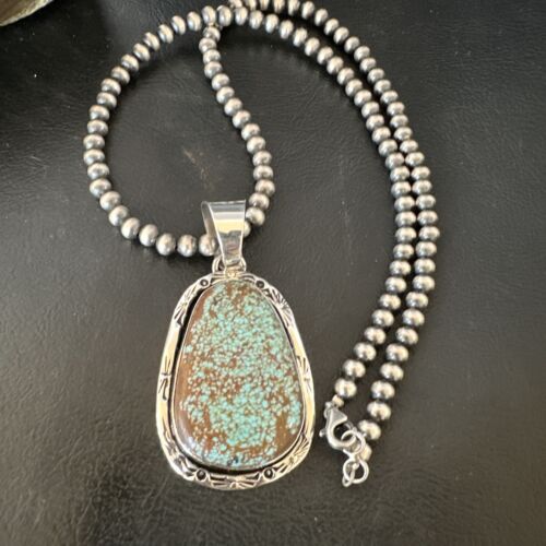 Navajo Blue Turquoise #8 Pendant | Sterling Silver Necklace with Pearls | Authentic Native American Handmade | 16347