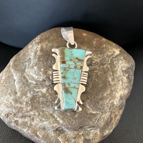 Navajo Blue #8 Turquoise Inlay Pendant | Sterling Silver | 2" | Authentic Native American Handmade | 15684