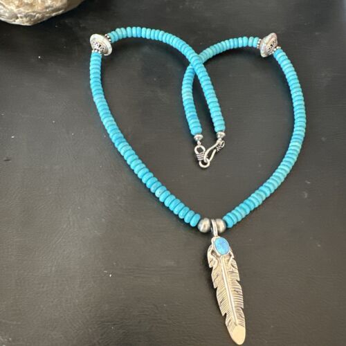 Men's Blue Turquoise Navajo Necklace | Sterling Silver Feather Opal Pendant | Native American Handmade | 17438