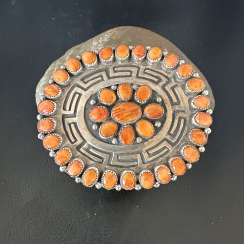 Navajo Orange Spiny Oyster Cluster Concho Belt Buckle | Sterling Silver | Authentic Native American Handmade | 16344