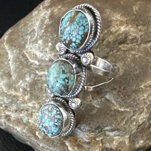 Navajo Blue Spiderweb Turquoise Multi-Stone Ring | Authentic Native American Sterling Silver | Sz 10 | 16710