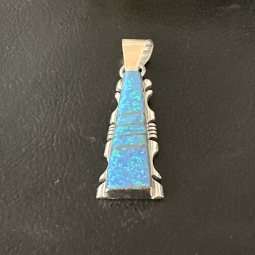 Blue Opal Inlay Pendant Necklace | Navajo Sterling Silver | Authentic Native American Jewelry | 18" | SF 15673