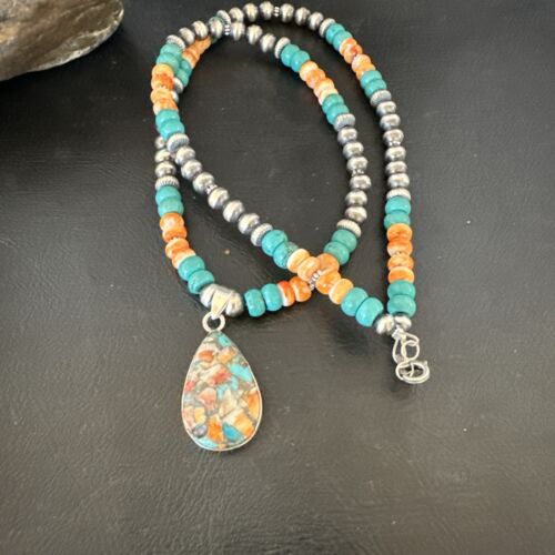 Navajo Spiny Turquoise Pendant Necklace | Sterling Silver | 22" | Authentic Native American Handmade | 17414
