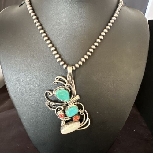 Navajo Kingman Turquoise Spiny Oyster | Mother of Pearl Necklace Pendant | Sterling Silver | 15952