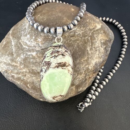 Navajo Green Gaspeite Pendant Necklace | Sterling Silver | Authentic Native American Handmade | 15481
