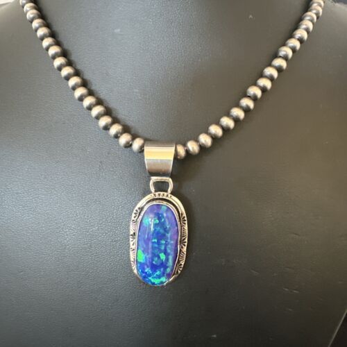 Men's Women's Blue Fire Opal Navajo Pendant | Sterling Silver | Authentic Native American Handmade | 16482