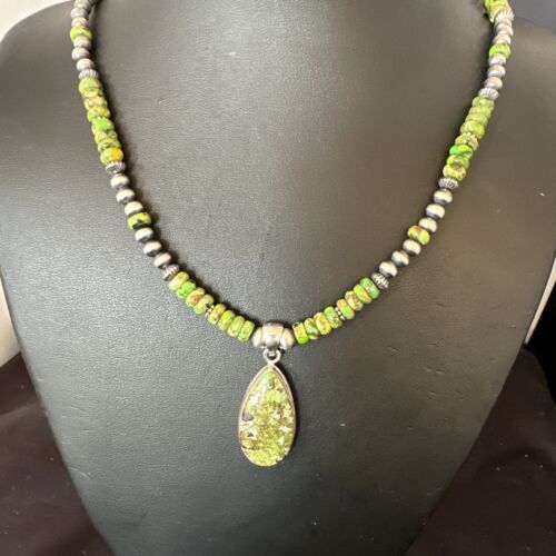 Navajo Green Turquoise Pendant Necklace | Sterling Silver Pearls | Authentic Native American Handmade | 16234