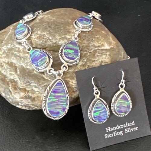Navajo Purple Opal Lariat Necklace Set | Sterling Silver Pendant & Earrings | Authentic Native American Handmade | 16258