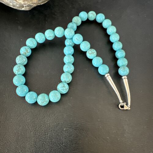 Navajo Blue Robin's Egg Turquoise Necklace | Sterling Silver | 18" | 10mm | Authentic Native American Handmade | 17348