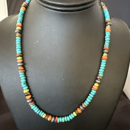 Navajo Blue Turquoise Spiny Oyster Necklace | Sterling Silver | 19" | Authentic Native American Handmade | 17489