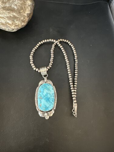 Navajo Blue Kingman Turquoise Pendant Necklace | Sterling Silver | Authentic Native American Handmade | 14861