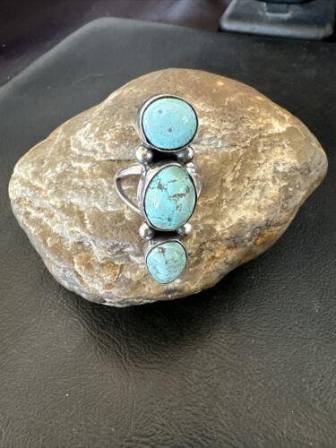 Navajo Blue Dry Creek Turquoise Cluster Ring | Authentic Native American Sterling Silver | Multi-Stone | Sz 8.5 | 17839