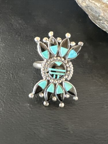 Zuni Blue Turquoise Black Onyx Sunface Inlay Ring | Sterling Silver | Sz 8 | 16432