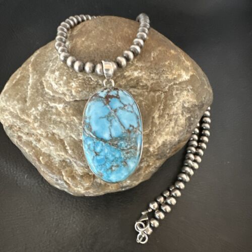 Navajo Blue Spiderweb Turquoise Pendant Necklace | Sterling Silver | Authentic Native American Handmade | 17020