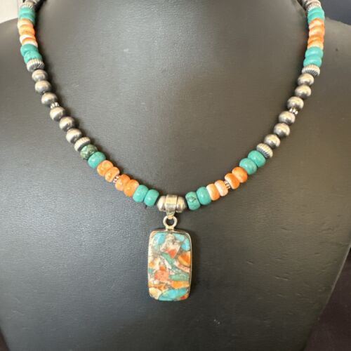 Navajo Spiny Turquoise Pendant Necklace | Sterling Silver | 22" | Authentic Native American Handmade | 17432