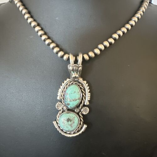 Navajo Blue Kingman Turquoise 2 Stone Cluster Pendant | Sterling Silver | Authentic Native American Handmade | 17634