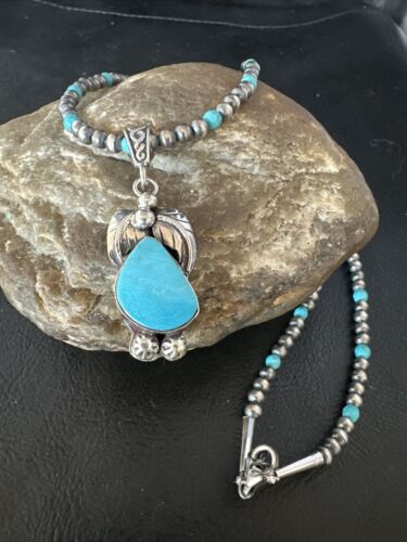 Navajo Pearls Kingman Turquoise Pendant Necklace | Sterling Silver | Authentic Native American Handmade | 14890