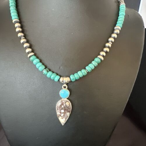 Navajo Wild Horse | Blue Kingman Turquoise Pendant Necklace | Sterling Silver | Native American Handmade | 17573