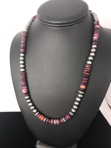 Navajo Pearls Necklace | Sterling Silver Purple Spiny Oyster Beads 8mm | Authentic Native American Handmade | 15956