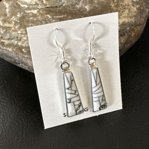 White Buffalo Turquoise Inlay Earrings | Navajo Sterling Silver | Authentic Native American Handmade | 15702
