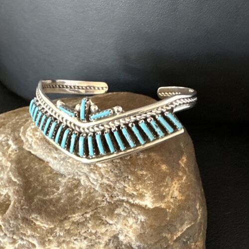 Native American Zuni Blue Turquoise Needle Point Cluster Cuff Bracelet | Sterling Silver | Handmade Southwestern Jewelry | 15068