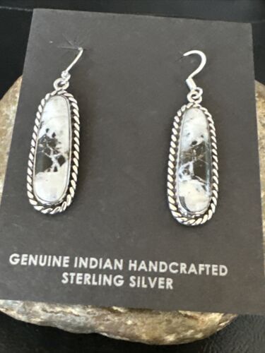 Navajo White Buffalo Turquoise Dangle Earrings | Sterling Silver | Authentic Native American Handmade | 16515