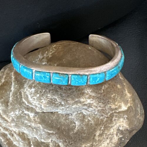 Old Pawn Men's Blue Kingman Turquoise Cuff Bracelet | Zuni Sterling Silver | 15955