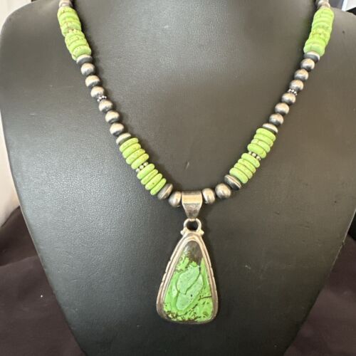 Navajo Green Gaspeite Pendant Necklace | Sterling Silver | Authentic Native American Handmade | 10979