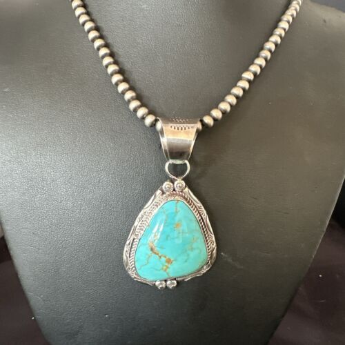 Navajo Blue Kingman Turquoise Necklace Pendant | Sterling Silver | Authentic Native American Handmade | 17476